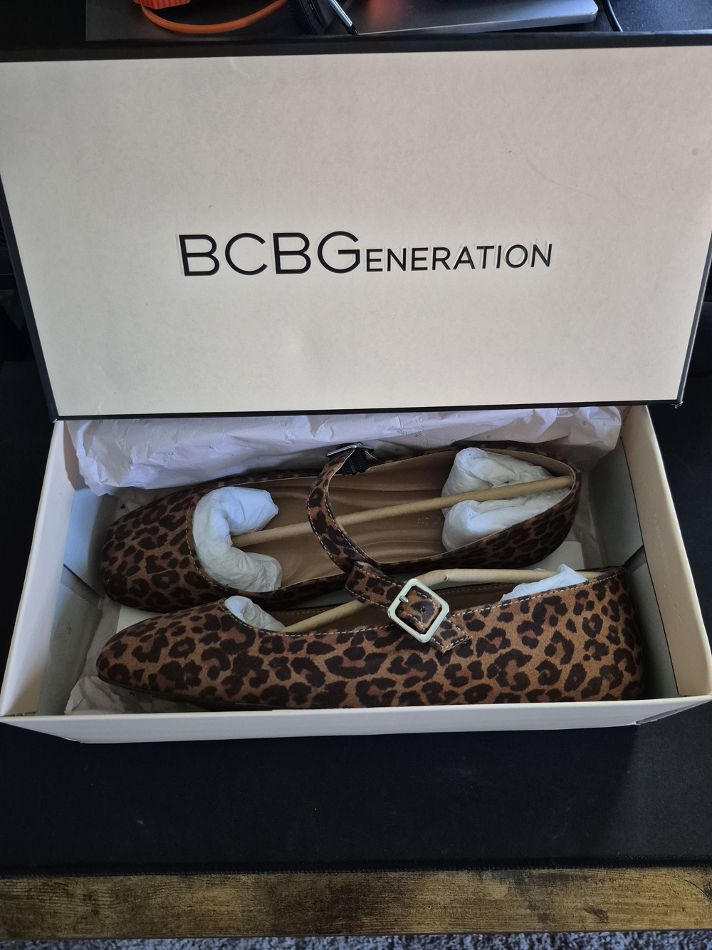 BCBGeneration Leopard Print Mary Jane Flats in Brown and Tan